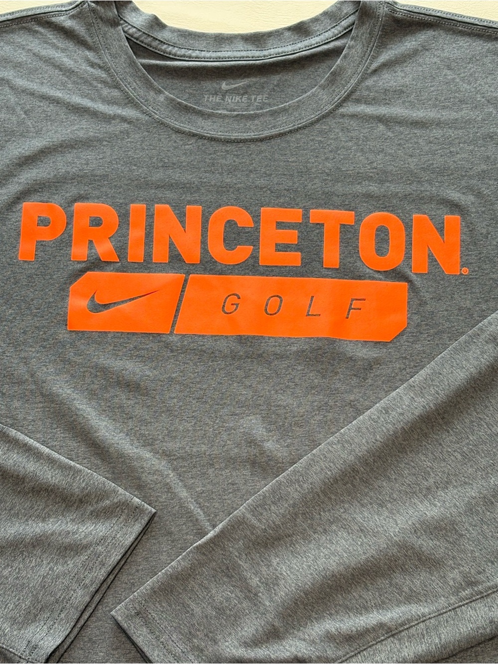 Nike Dri-Fit Grey Long-Sleeve T-Shirt with Bright Orange Princeton Golf Logo